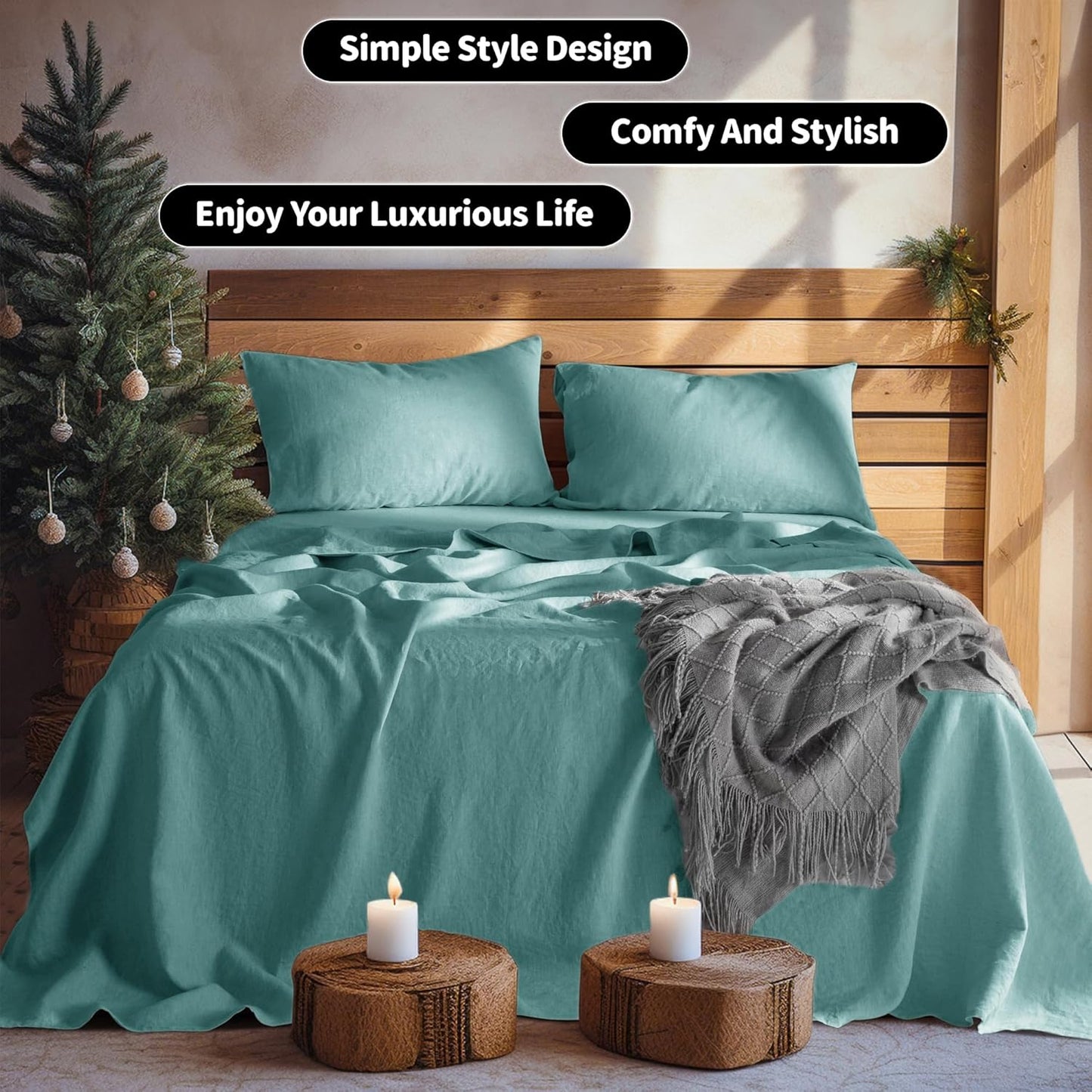 100% Pure Linen Sheet Set Deep Pocket up to 16" Bed Sheets Sets, Natural Flax Beddings Soft, Breathable, Comfortable for All Seasons Twin Size, Aqua
