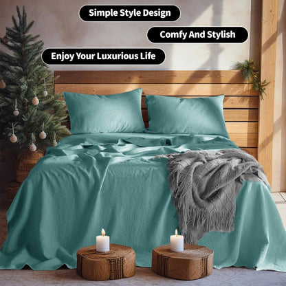 100% Pure Linen Sheet Set Deep Pocket up to 16" Bed Sheets Sets, Natural Flax Beddings Soft, Breathable, Comfortable for All Seasons Twin Size, Aqua