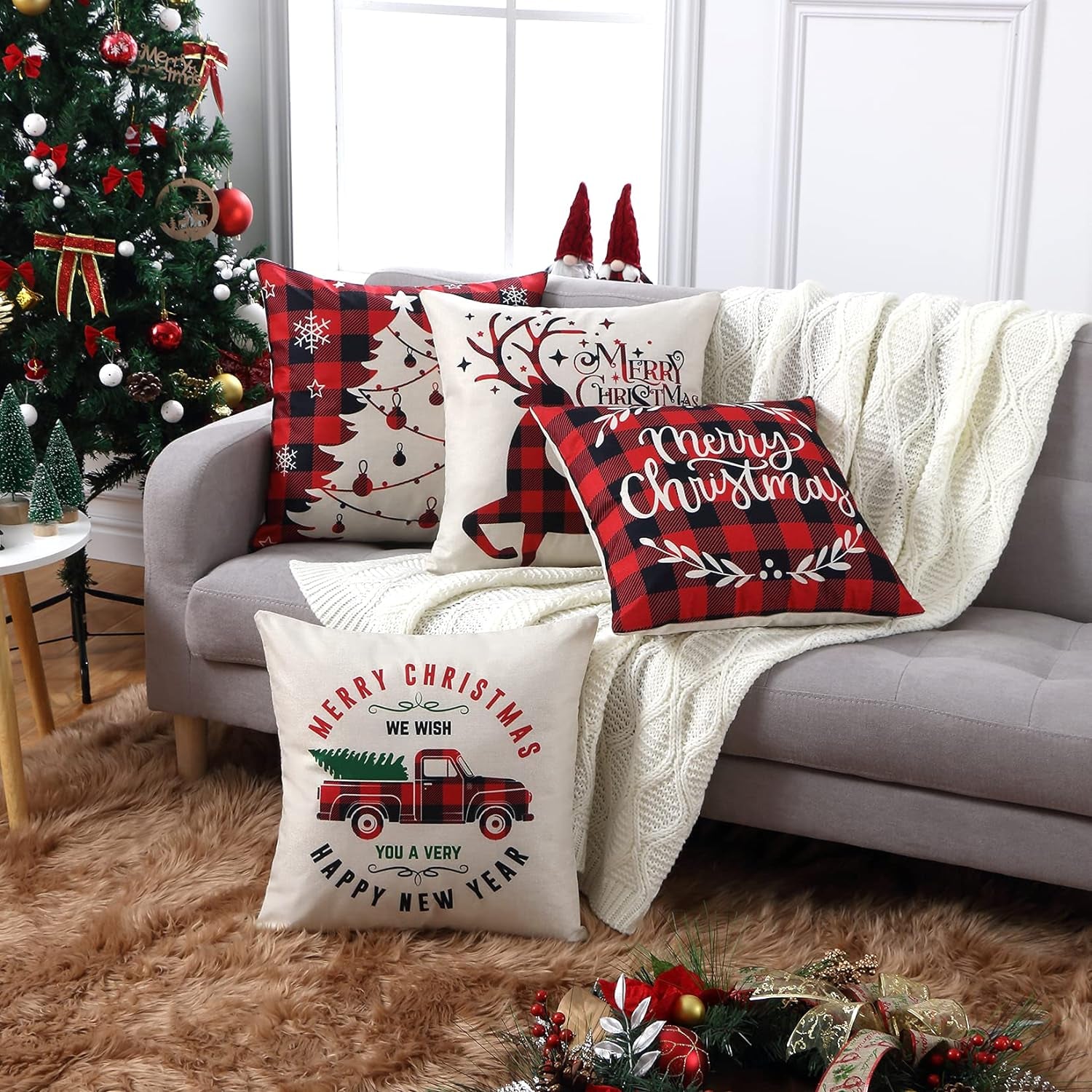 Christmas Decoration Pillow Covers 18X18 Set of 4,Farmhouse Christmas Decor for Home,Red Black Buffalo Plaids Tree Deer Rustic Truck Xmas Pillow Case Winter Holiday Cushion Case for Couch