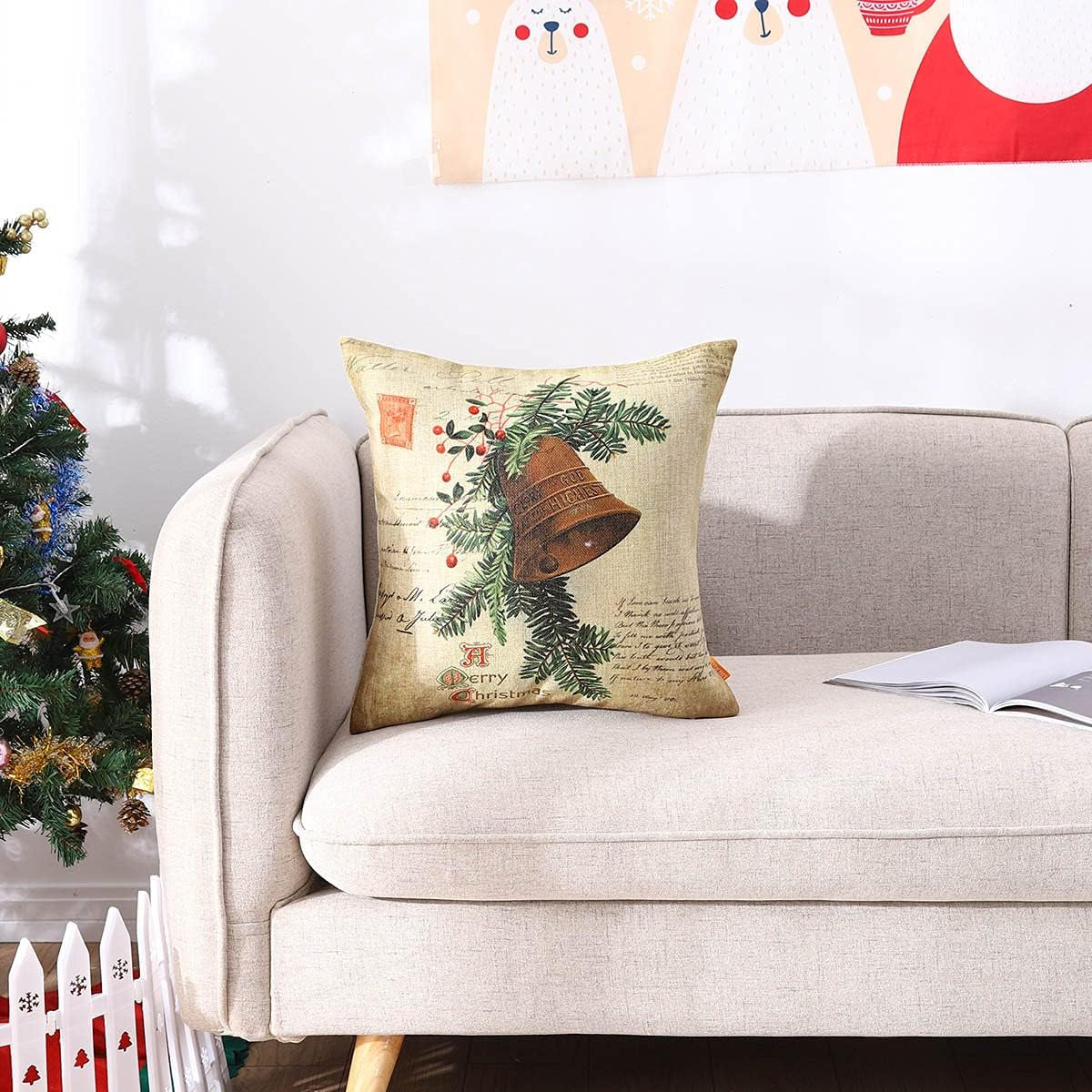 Christmas Outdoor Pillow Cover 18X18 Inch Home Decor Decorative Cushion Case for Sofa Couch Retro Christmas Bell Winter Decorations Throw Pillowcase CC1863