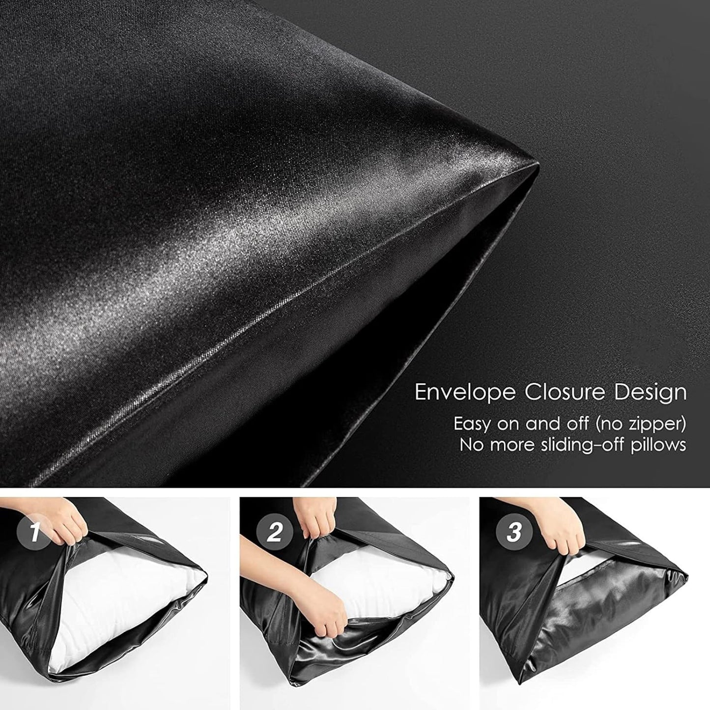 Black Satin Pillowcase for Hair and Skin, Vegan Silk Pillowcase Set-2 Satin Pillowcases, 1 Eye Mask, 1 Scrunchie-Luxury Sleep Set, Silky Standard Satin Pillow Cases with Envelope Closure