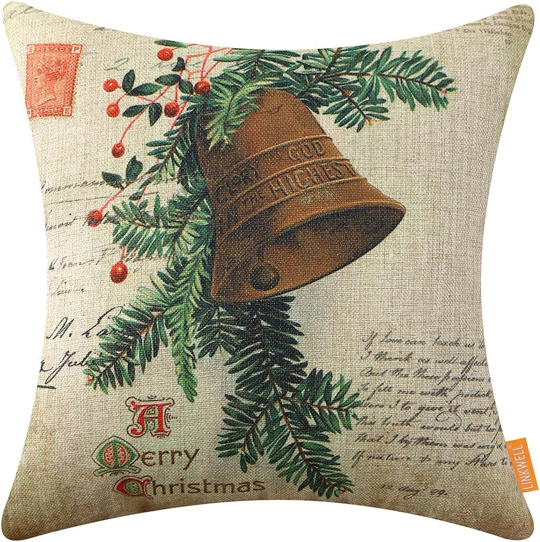 Christmas Outdoor Pillow Cover 18X18 Inch Home Decor Decorative Cushion Case for Sofa Couch Retro Christmas Bell Winter Decorations Throw Pillowcase CC1863