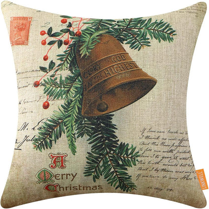 Christmas Outdoor Pillow Cover 18X18 Inch Home Decor Decorative Cushion Case for Sofa Couch Retro Christmas Bell Winter Decorations Throw Pillowcase CC1863