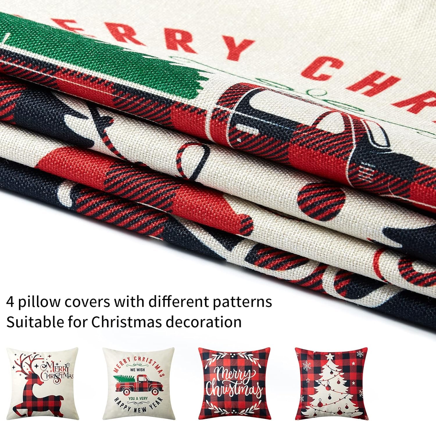 Christmas Decoration Pillow Covers 18X18 Set of 4,Farmhouse Christmas Decor for Home,Red Black Buffalo Plaids Tree Deer Rustic Truck Xmas Pillow Case Winter Holiday Cushion Case for Couch