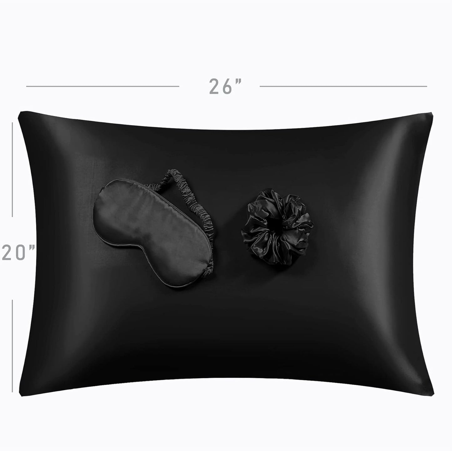 Black Satin Pillowcase for Hair and Skin, Vegan Silk Pillowcase Set-2 Satin Pillowcases, 1 Eye Mask, 1 Scrunchie-Luxury Sleep Set, Silky Standard Satin Pillow Cases with Envelope Closure