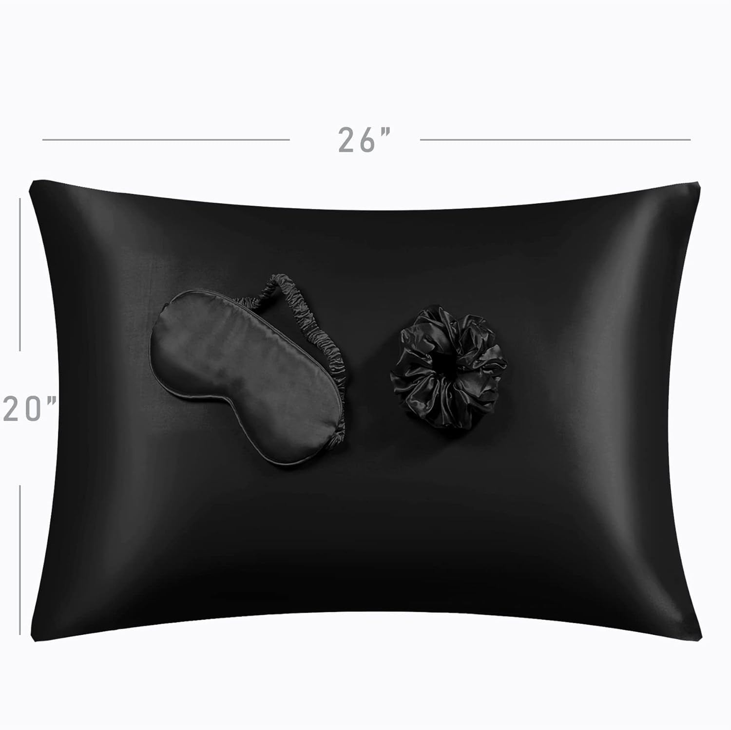 Black Satin Pillowcase for Hair and Skin, Vegan Silk Pillowcase Set-2 Satin Pillowcases, 1 Eye Mask, 1 Scrunchie-Luxury Sleep Set, Silky Standard Satin Pillow Cases with Envelope Closure