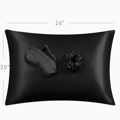 Black Satin Pillowcase for Hair and Skin, Vegan Silk Pillowcase Set-2 Satin Pillowcases, 1 Eye Mask, 1 Scrunchie-Luxury Sleep Set, Silky Standard Satin Pillow Cases with Envelope Closure