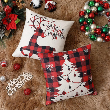 Christmas Decoration Pillow Covers 18X18 Set of 4,Farmhouse Christmas Decor for Home,Red Black Buffalo Plaids Tree Deer Rustic Truck Xmas Pillow Case Winter Holiday Cushion Case for Couch