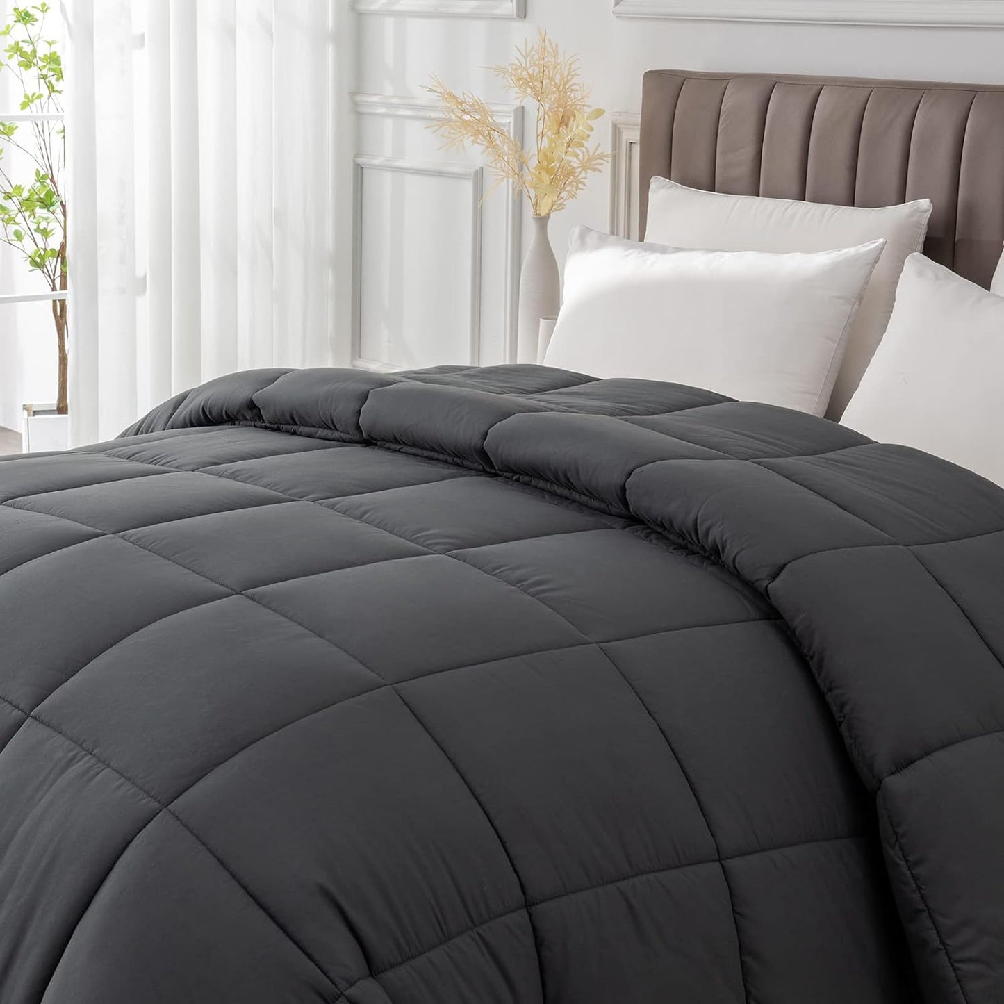 Twin Comforter Duvet Insert - All Season Dark Grey Comforters Twin Size - Quilted down Alternative Bedding Comforter with Corner Tabs - Winter Summer Fluffy Soft - Machine Washable
