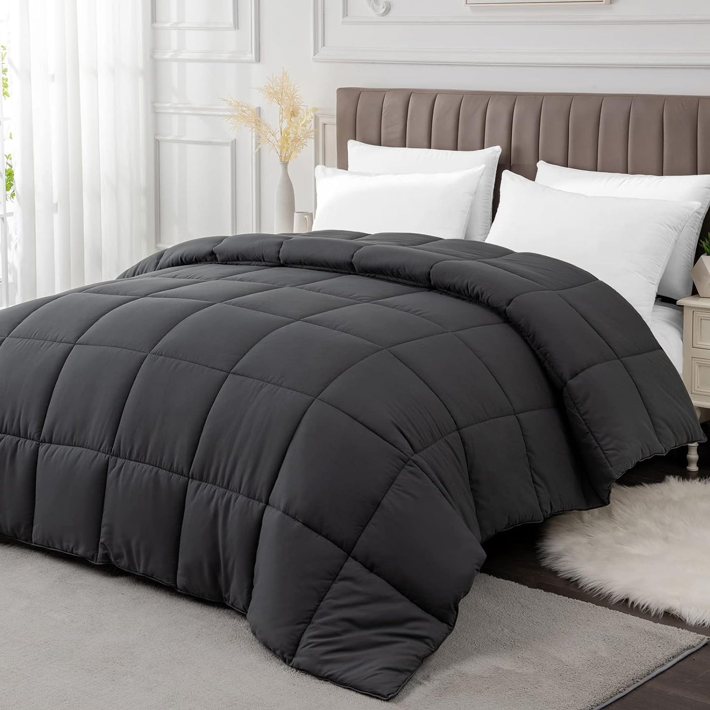 Twin Comforter Duvet Insert - All Season Dark Grey Comforters Twin Size - Quilted down Alternative Bedding Comforter with Corner Tabs - Winter Summer Fluffy Soft - Machine Washable