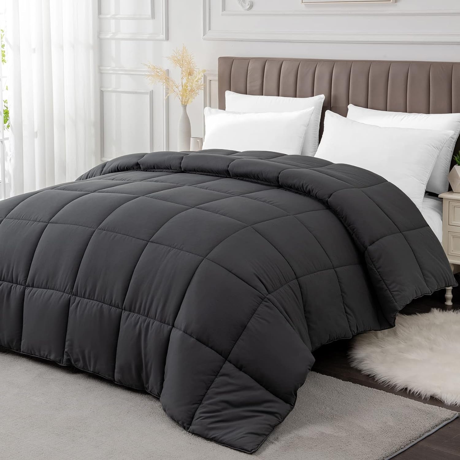 Twin Comforter Duvet Insert - All Season Dark Grey Comforters Twin Size - Quilted down Alternative Bedding Comforter with Corner Tabs - Winter Summer Fluffy Soft - Machine Washable