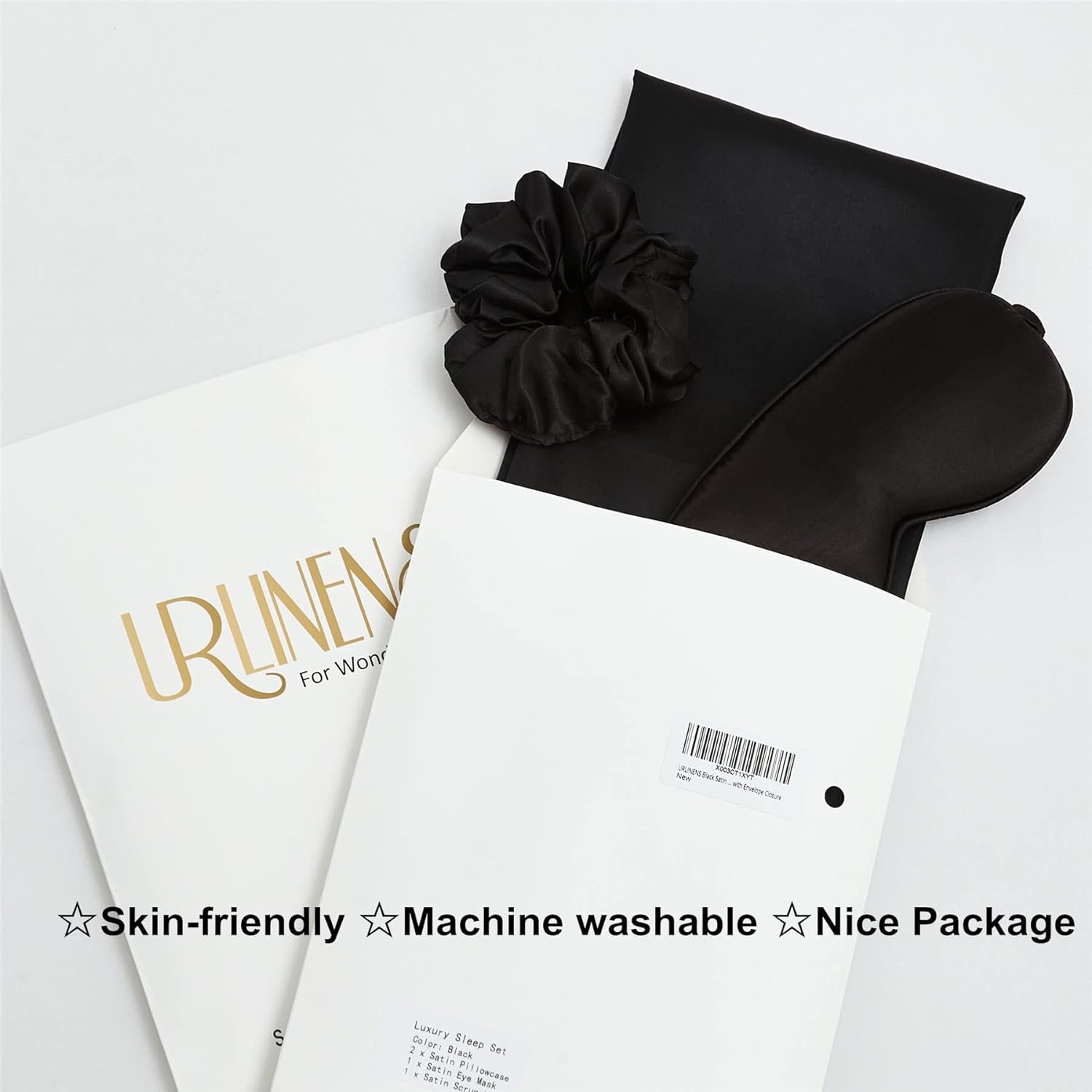 Black Satin Pillowcase for Hair and Skin, Vegan Silk Pillowcase Set-2 Satin Pillowcases, 1 Eye Mask, 1 Scrunchie-Luxury Sleep Set, Silky Standard Satin Pillow Cases with Envelope Closure