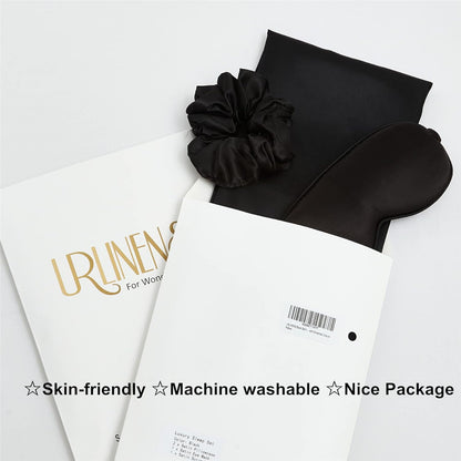 Black Satin Pillowcase for Hair and Skin, Vegan Silk Pillowcase Set-2 Satin Pillowcases, 1 Eye Mask, 1 Scrunchie-Luxury Sleep Set, Silky Standard Satin Pillow Cases with Envelope Closure