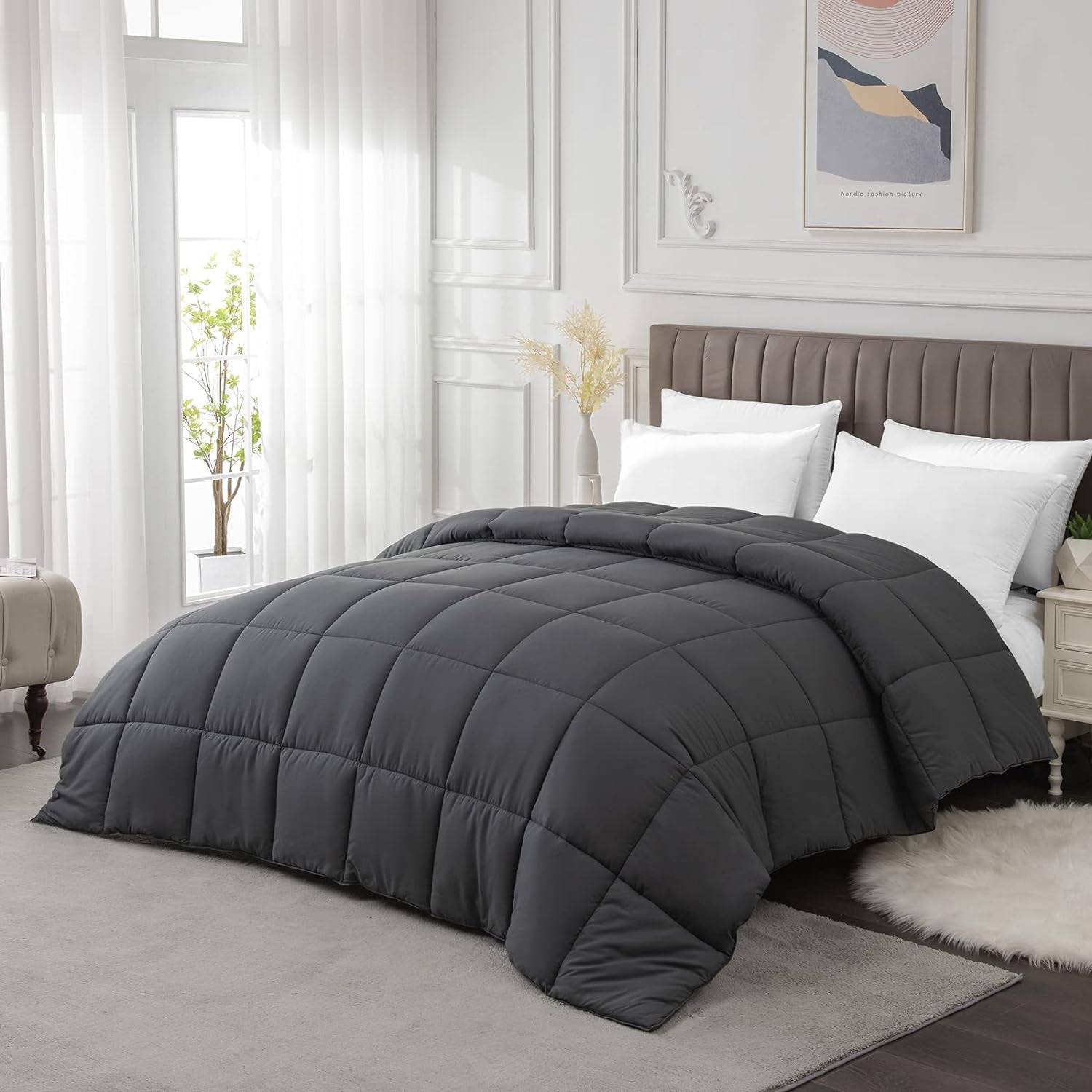 Twin Comforter Duvet Insert - All Season Dark Grey Comforters Twin Size - Quilted down Alternative Bedding Comforter with Corner Tabs - Winter Summer Fluffy Soft - Machine Washable