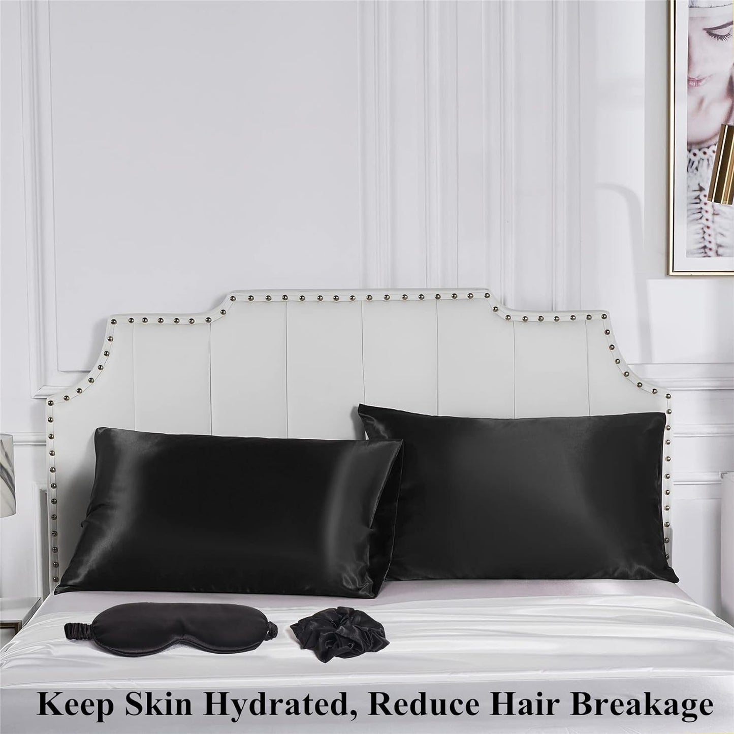 Black Satin Pillowcase for Hair and Skin, Vegan Silk Pillowcase Set-2 Satin Pillowcases, 1 Eye Mask, 1 Scrunchie-Luxury Sleep Set, Silky Standard Satin Pillow Cases with Envelope Closure