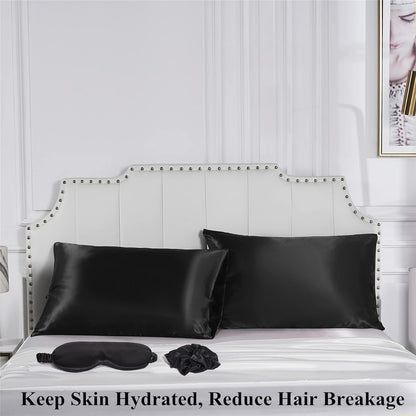 Black Satin Pillowcase for Hair and Skin, Vegan Silk Pillowcase Set-2 Satin Pillowcases, 1 Eye Mask, 1 Scrunchie-Luxury Sleep Set, Silky Standard Satin Pillow Cases with Envelope Closure