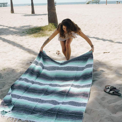Authentic Mexican Blanket - Premium Yoga Blanket Beach Blanket - Perfect Picnic Blanket, Travel Blanket, Outdoor Blanket - Well Made Yoga Bolster (Mint)