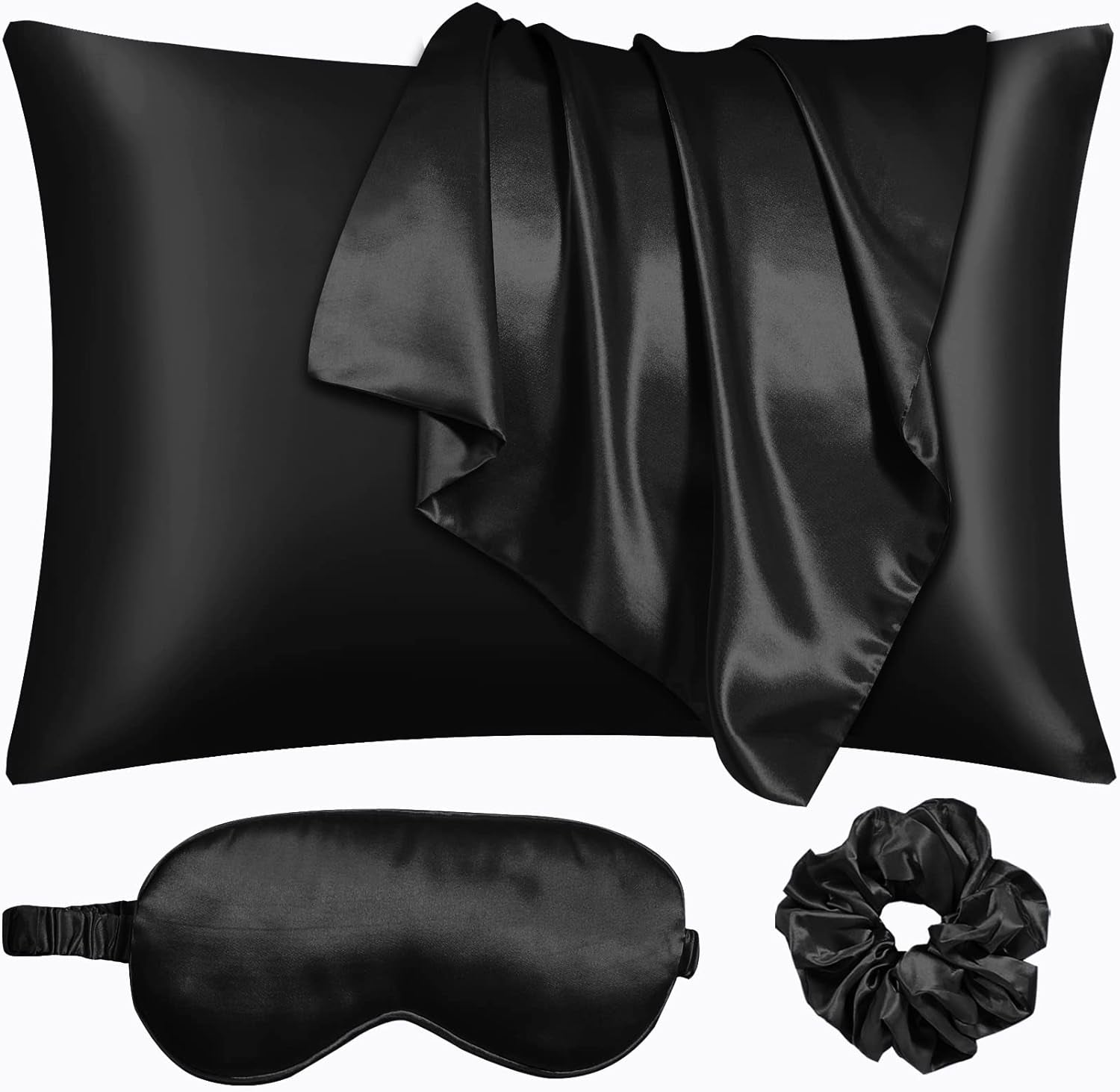 Black Satin Pillowcase for Hair and Skin, Vegan Silk Pillowcase Set-2 Satin Pillowcases, 1 Eye Mask, 1 Scrunchie-Luxury Sleep Set, Silky Standard Satin Pillow Cases with Envelope Closure