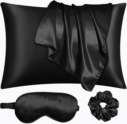 Black Satin Pillowcase for Hair and Skin, Vegan Silk Pillowcase Set-2 Satin Pillowcases, 1 Eye Mask, 1 Scrunchie-Luxury Sleep Set, Silky Standard Satin Pillow Cases with Envelope Closure