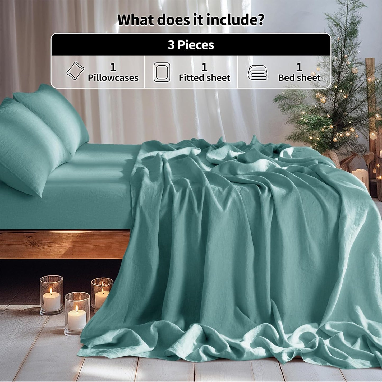 100% Pure Linen Sheet Set Deep Pocket up to 16" Bed Sheets Sets, Natural Flax Beddings Soft, Breathable, Comfortable for All Seasons Twin Size, Aqua