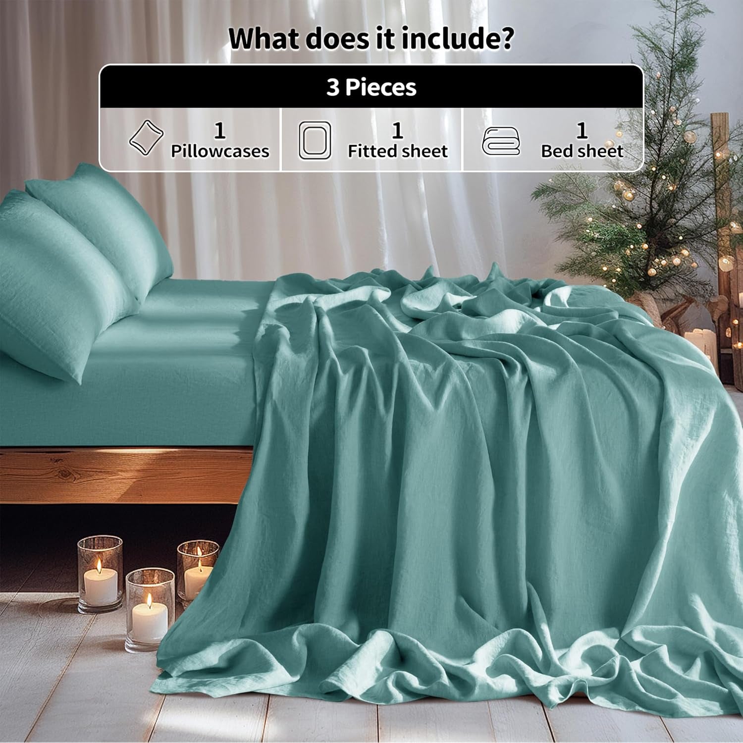 100% Pure Linen Sheet Set Deep Pocket up to 16" Bed Sheets Sets, Natural Flax Beddings Soft, Breathable, Comfortable for All Seasons Twin Size, Aqua